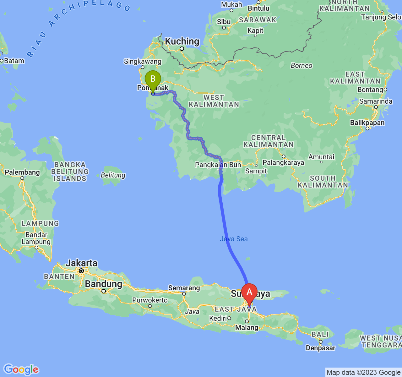 rute perjalanan Kab. Sidoarjo-Kota Pontianak