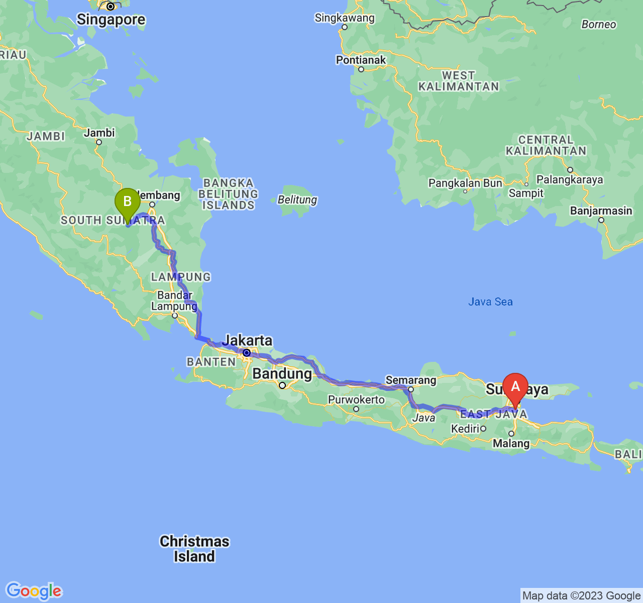 rute perjalanan Kab. Sidoarjo-Kota Prabumulih