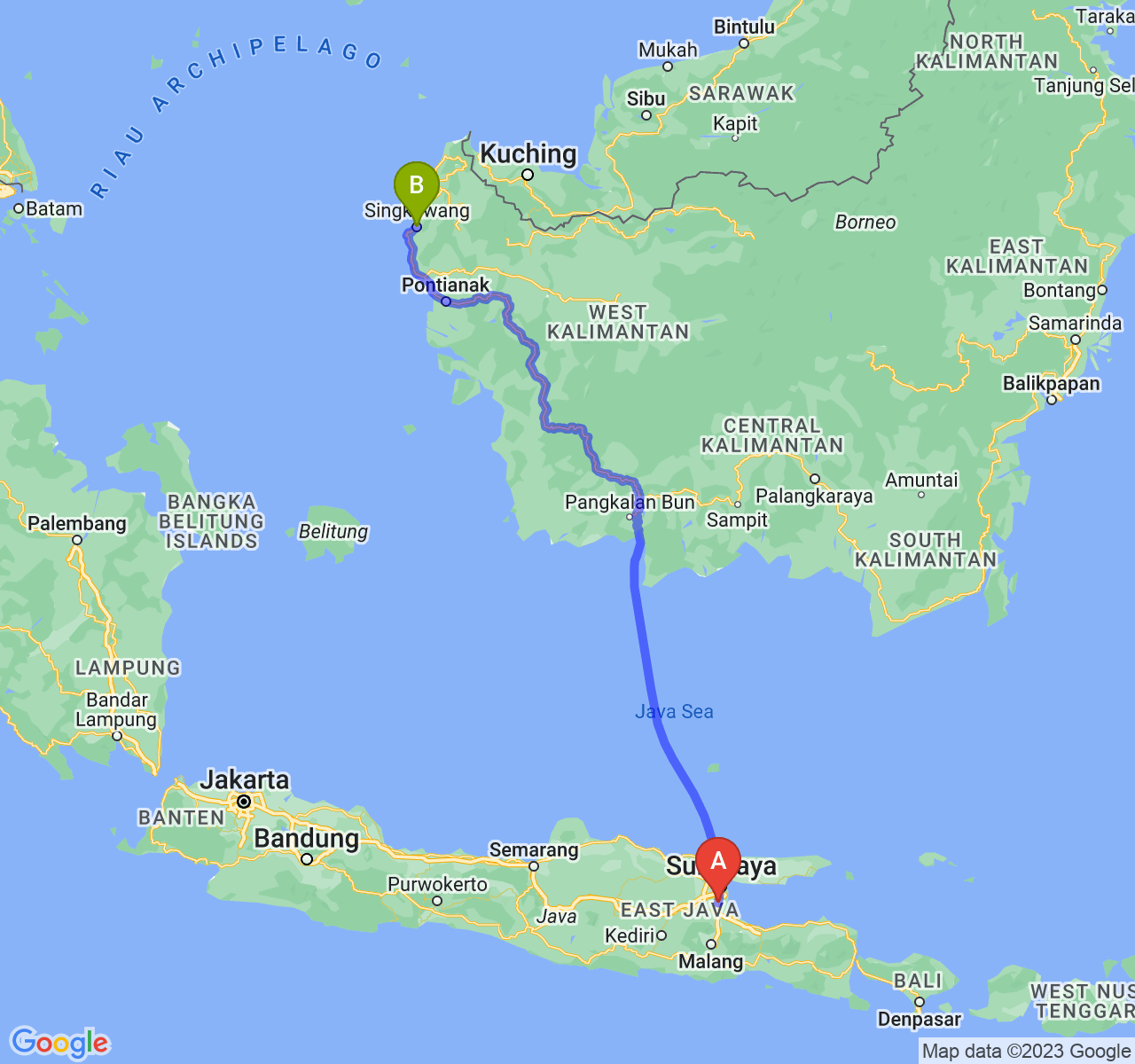 rute perjalanan Kab. Sidoarjo-Kota Singkawang