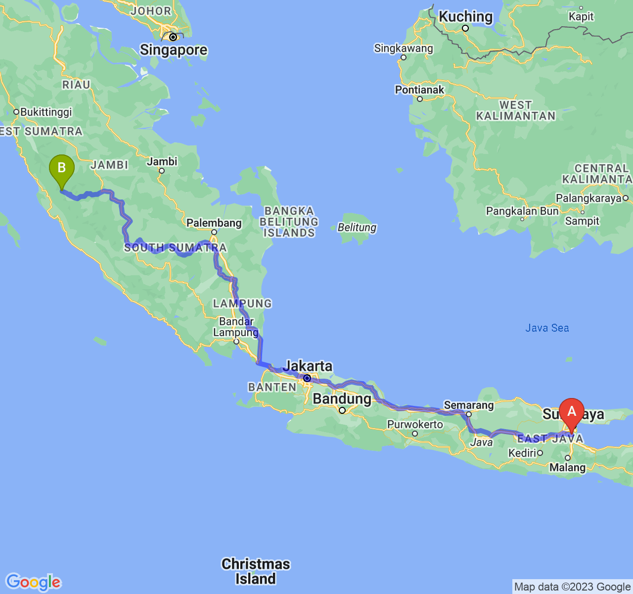 rute perjalanan Kab. Sidoarjo-Kota Sungai Penuh