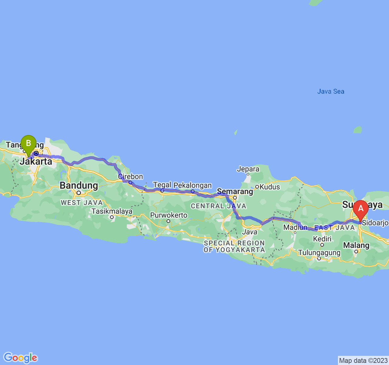 rute perjalanan Kab. Sidoarjo-Kota Tangerang Selatan