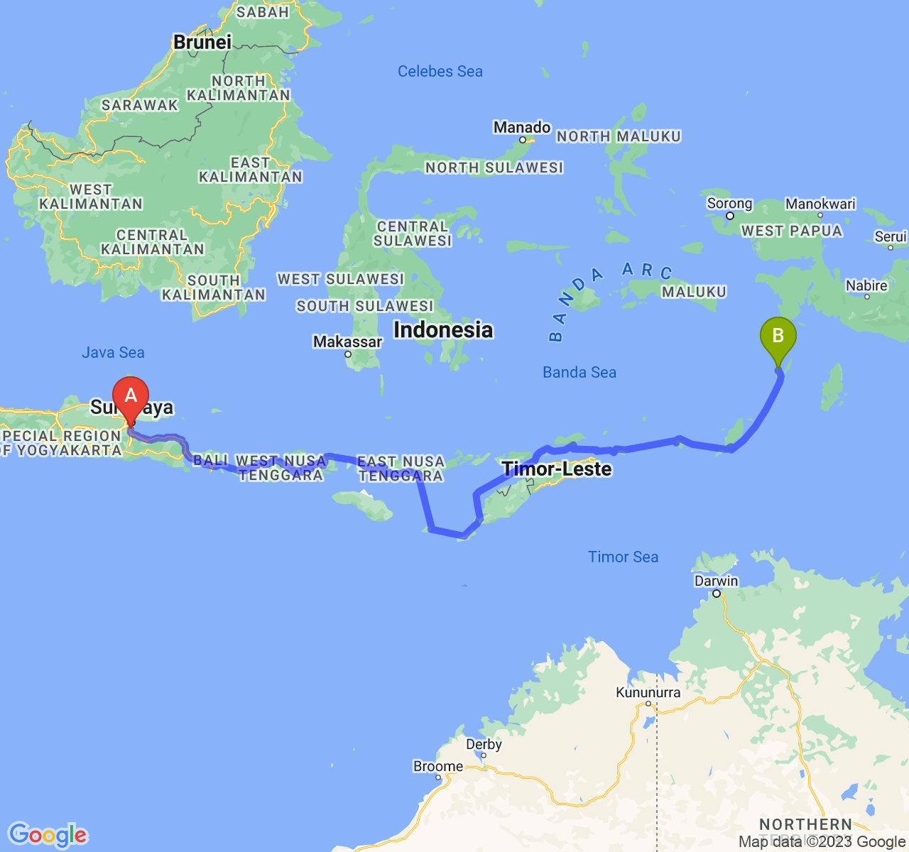 rute perjalanan Kab. Sidoarjo-Kota Tual