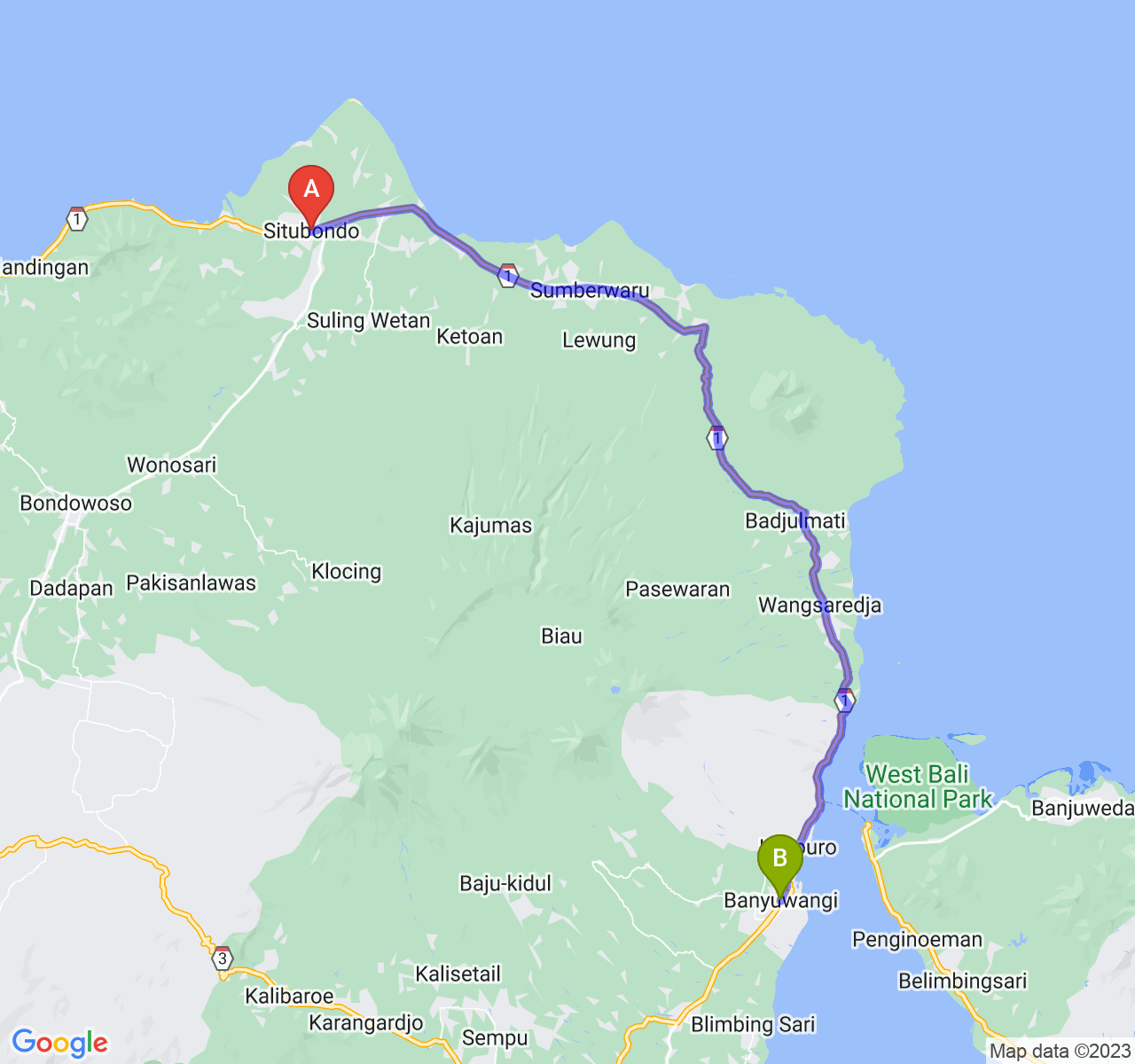 rute perjalanan Kab. Situbondo-Kab. Banyuwangi