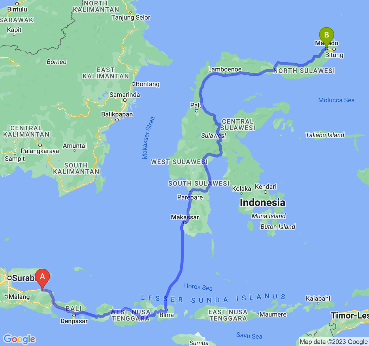 rute perjalanan Kab. Situbondo-Kota Manado