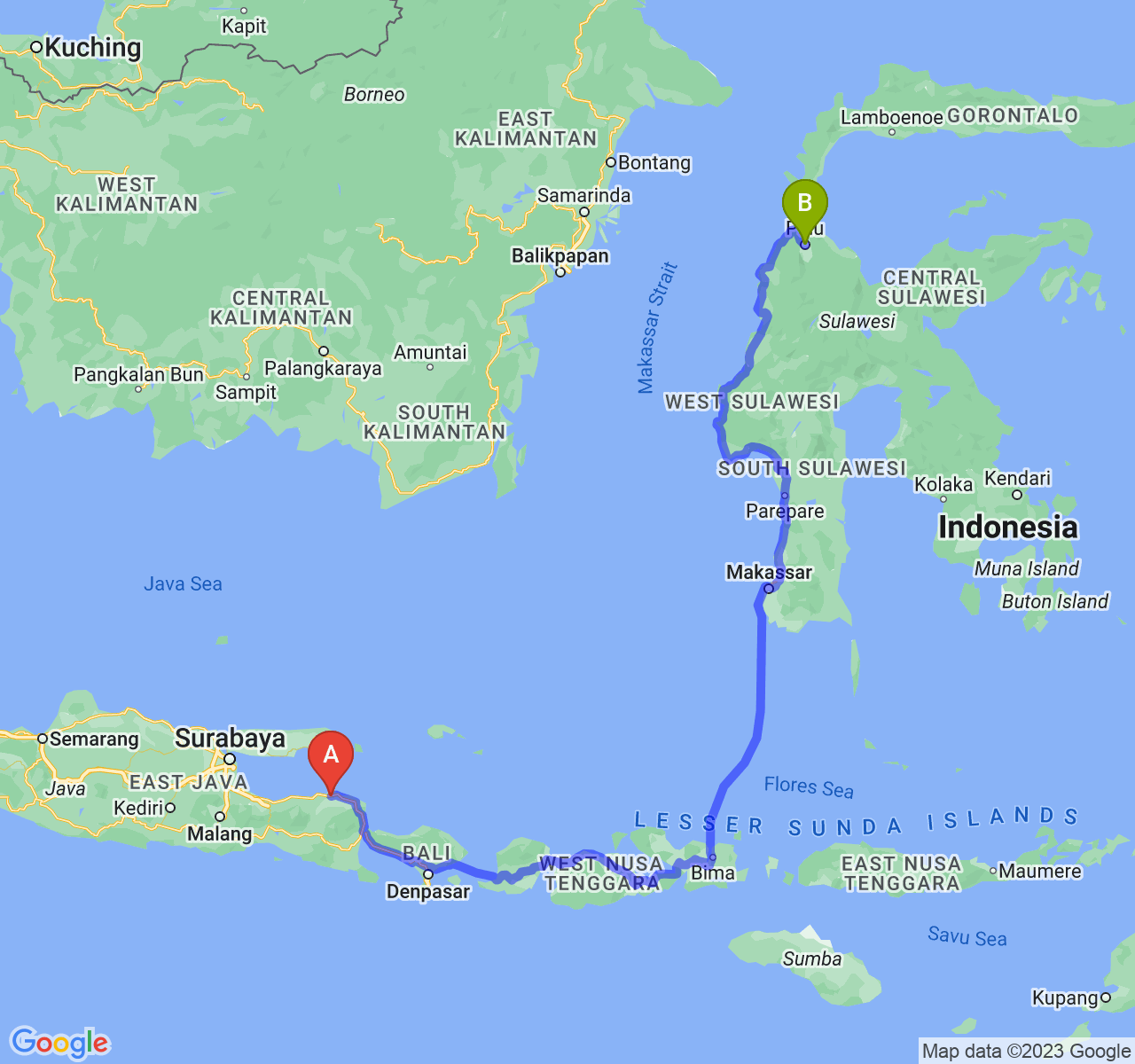 rute perjalanan Kab. Situbondo-Kota Palu