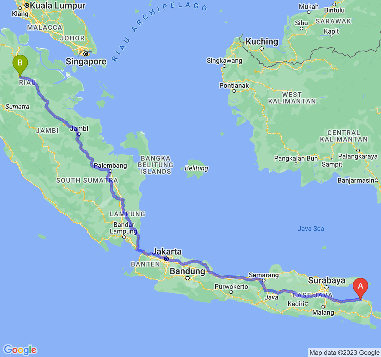 rute perjalanan Kab. Situbondo-Kota Pekanbaru