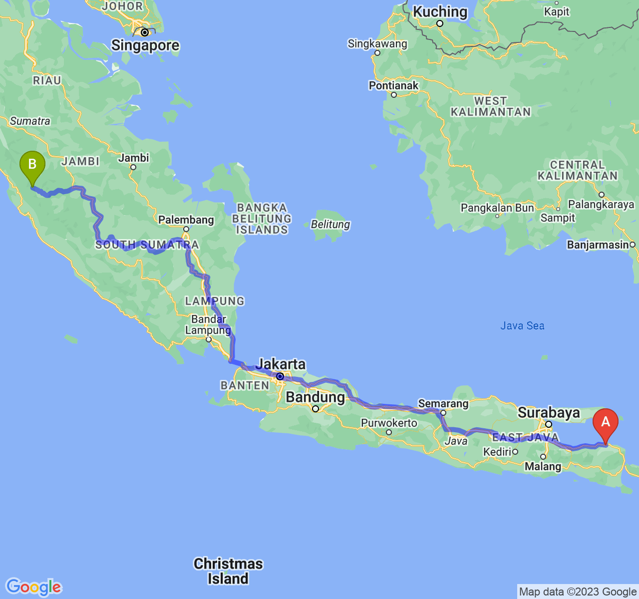 rute perjalanan Kab. Situbondo-Kota Sungai Penuh