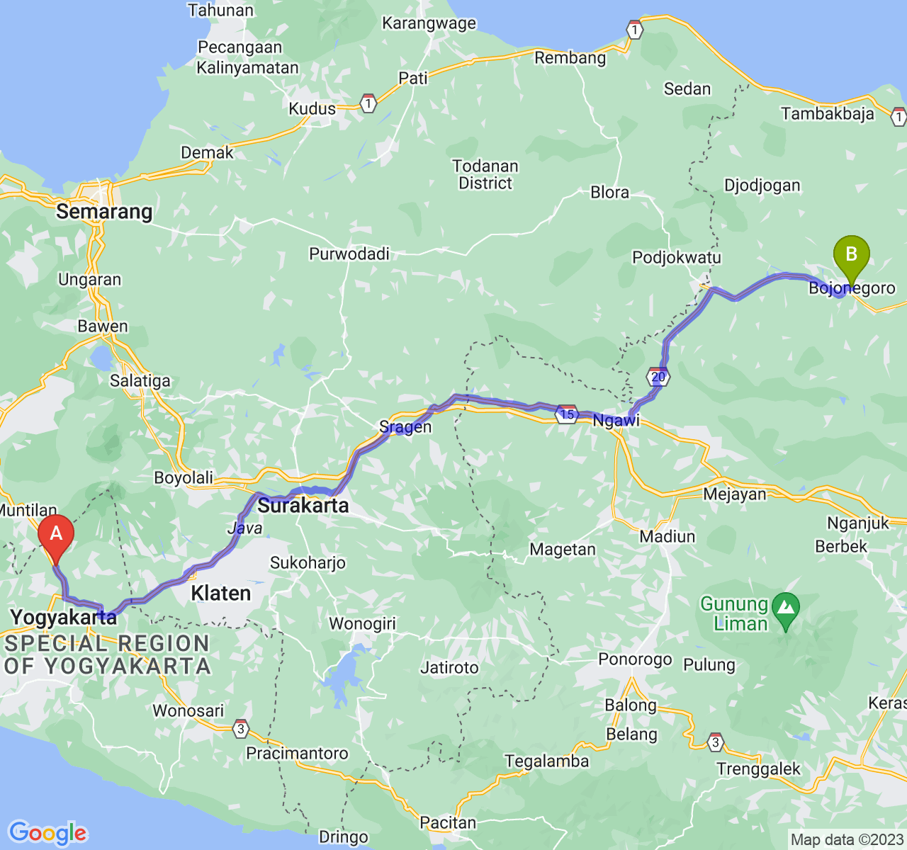 rute perjalanan Kab. Sleman-Kab. Bojonegoro