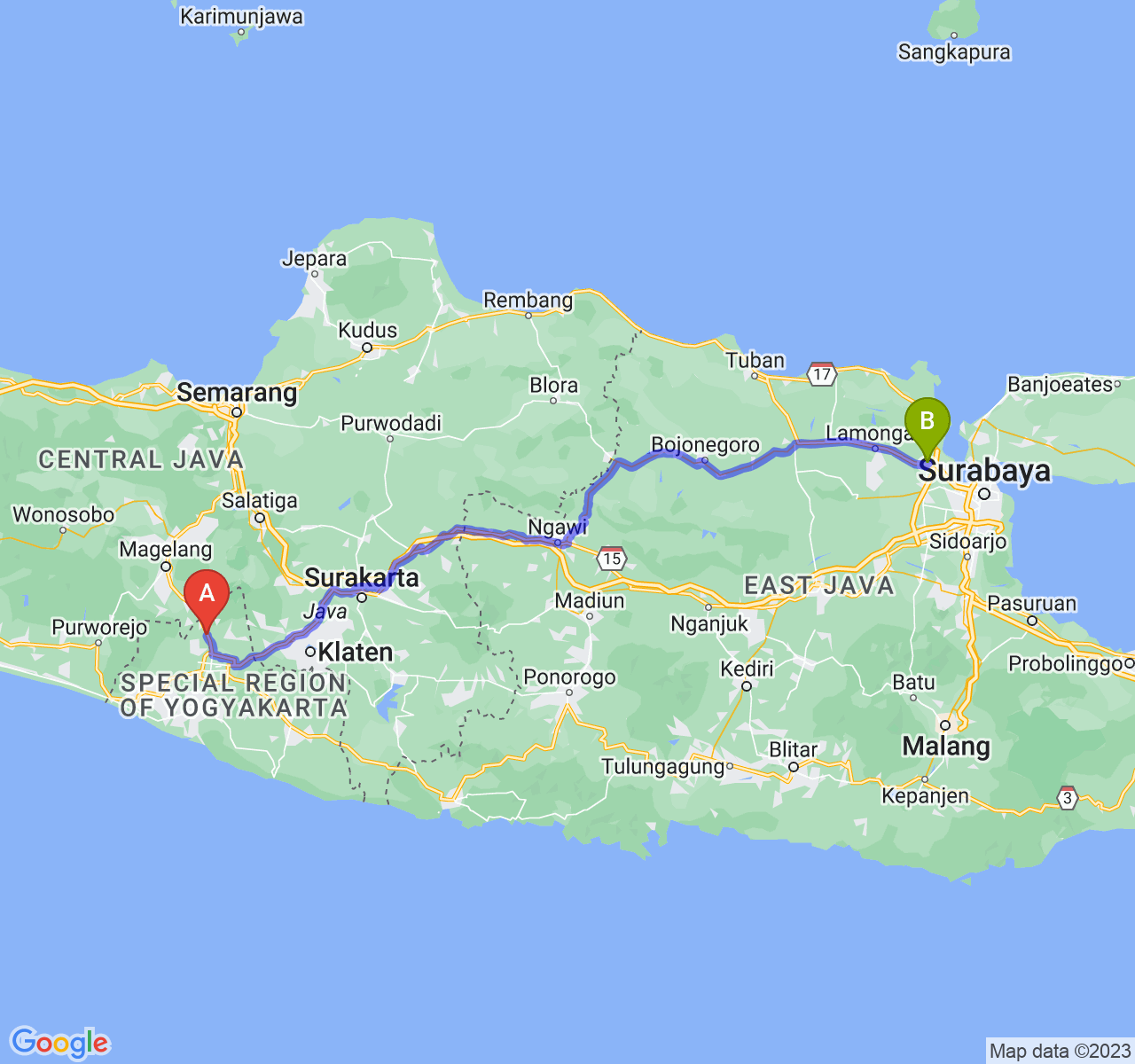 rute perjalanan Kab. Sleman-Kab. Gresik