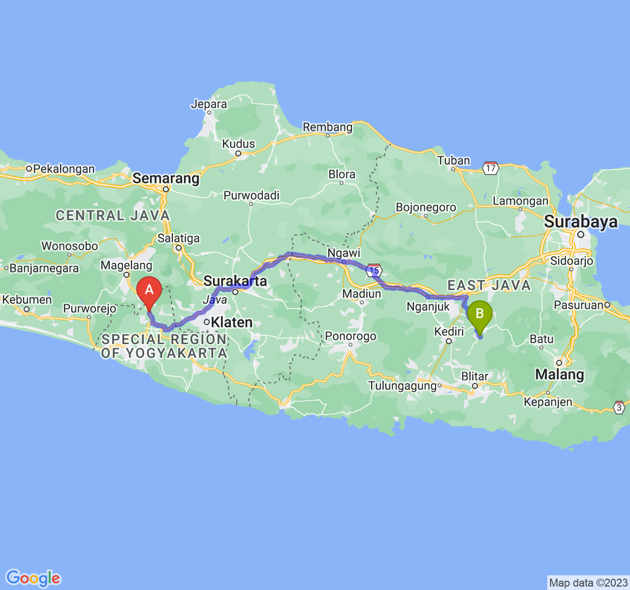 rute perjalanan Kab. Sleman-Kab. Kediri