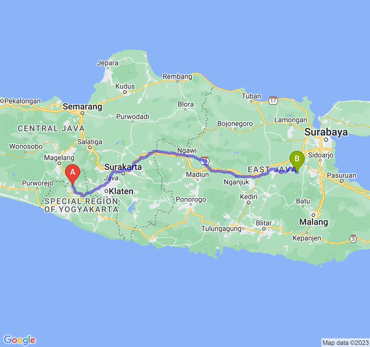 rute perjalanan Kab. Sleman-Kab. Mojokerto