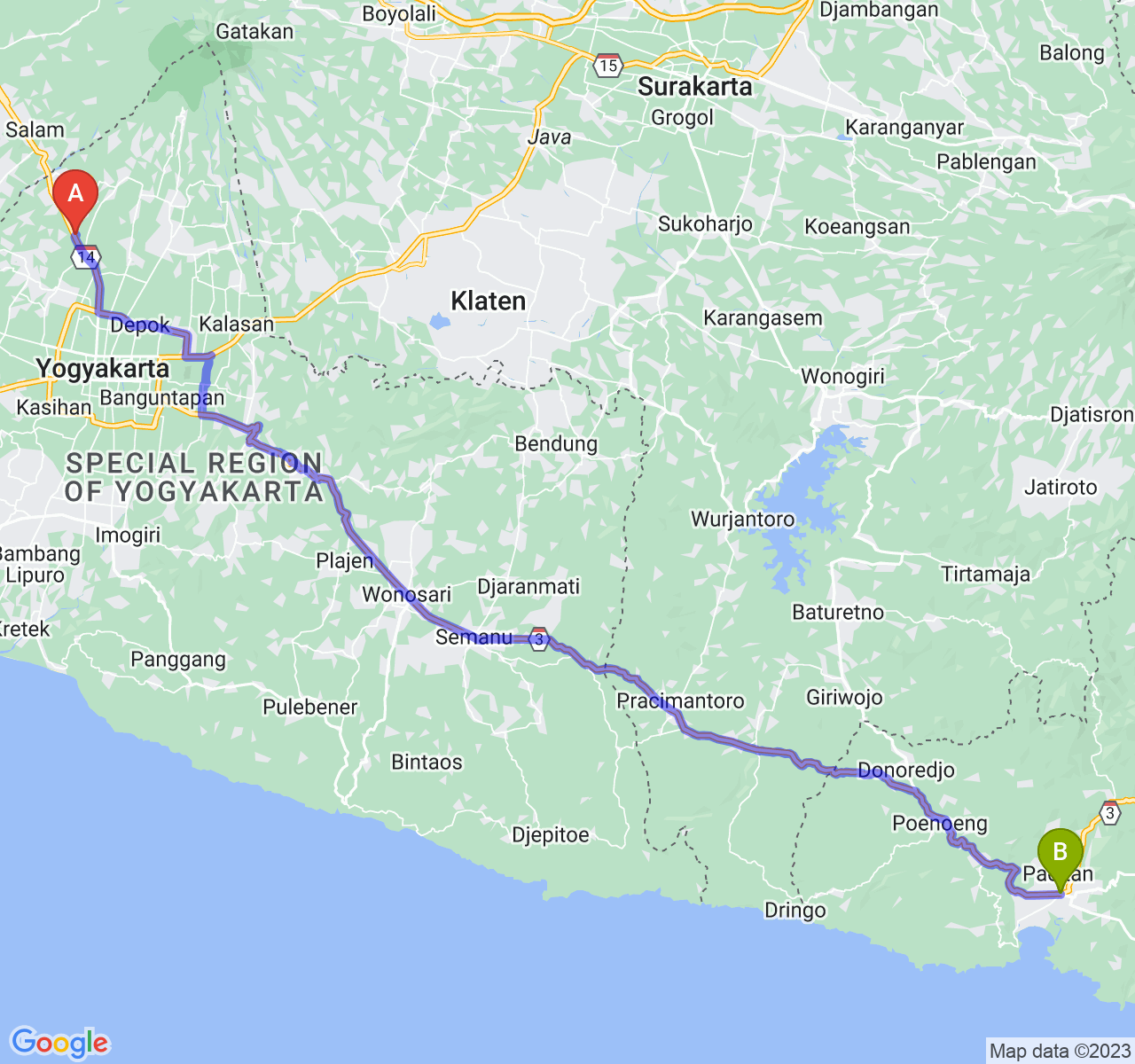 rute perjalanan Kab. Sleman-Kab. Pacitan