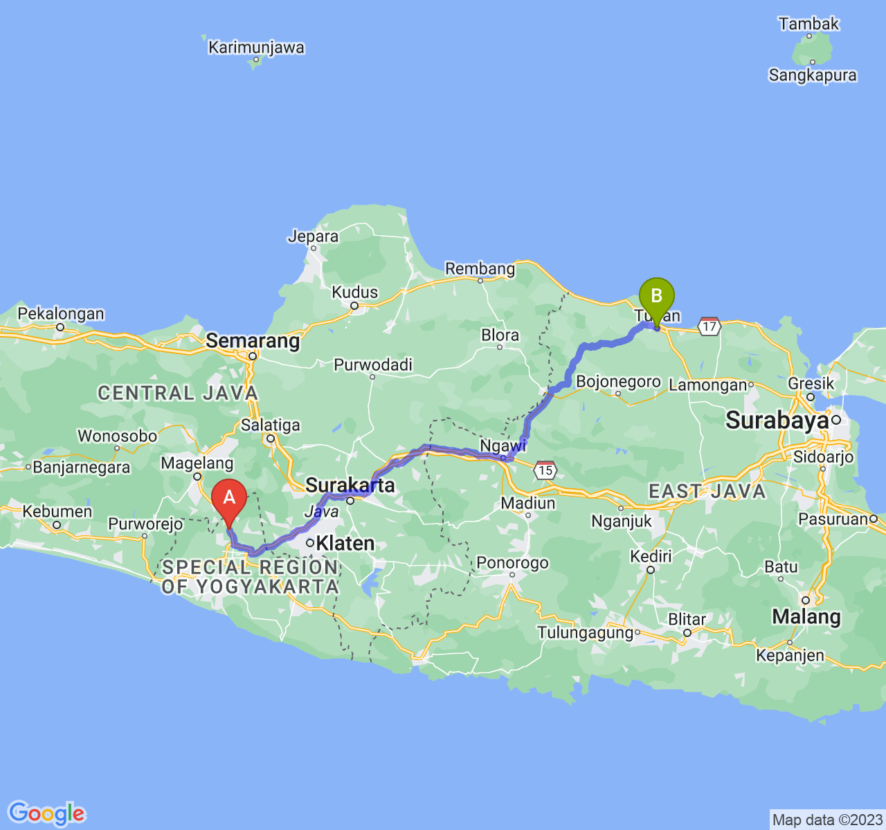 rute perjalanan Kab. Sleman-Kab. Tuban