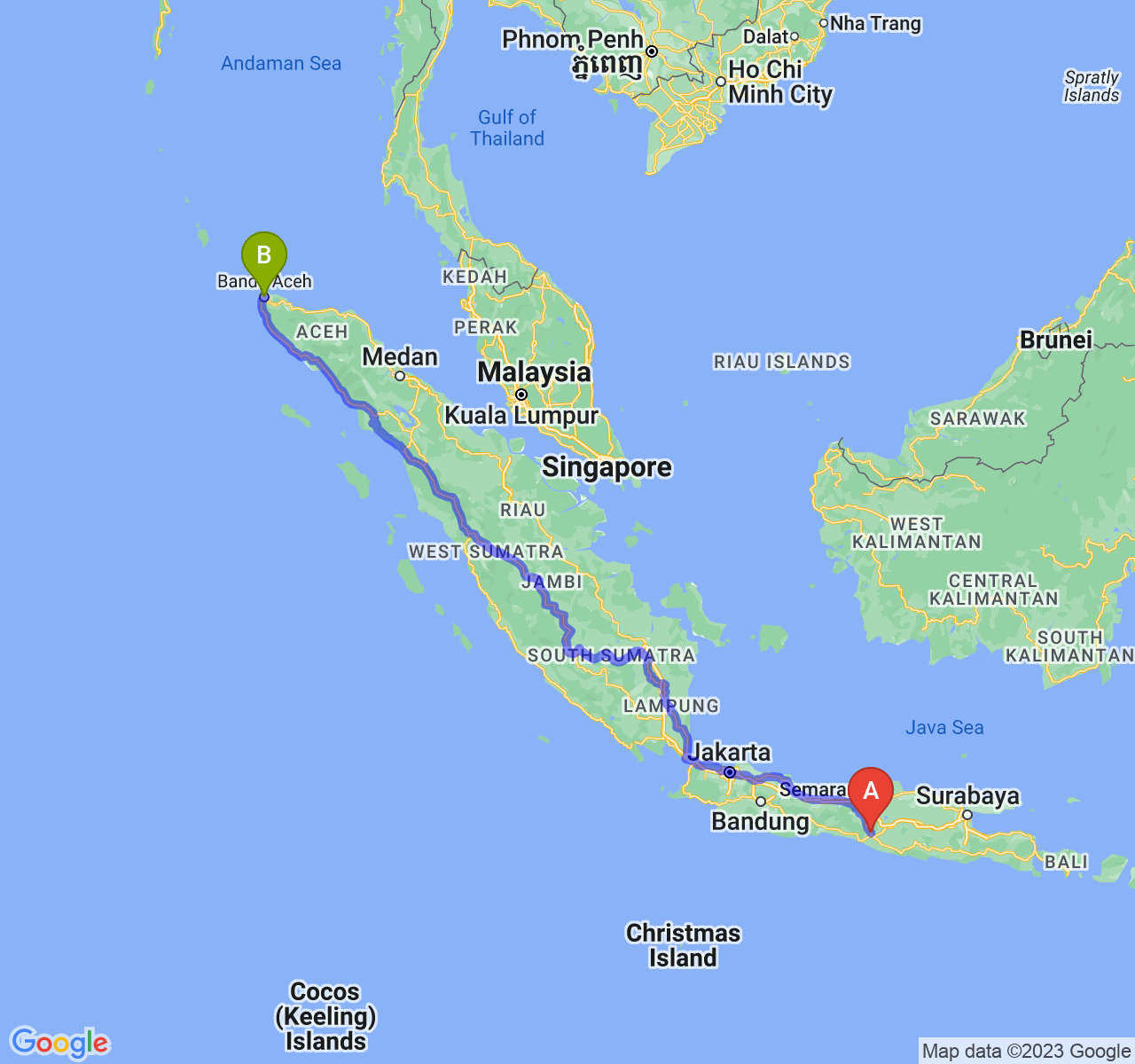 rute perjalanan Kab. Sleman-Kota Banda Aceh