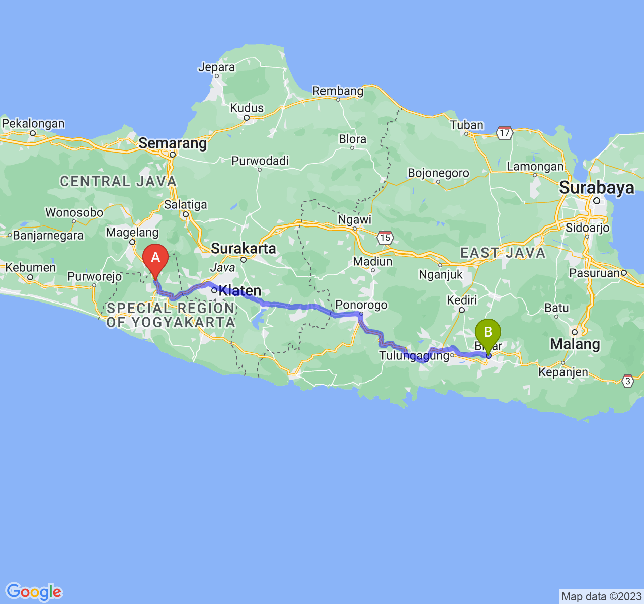 rute perjalanan Kab. Sleman-Kota Blitar