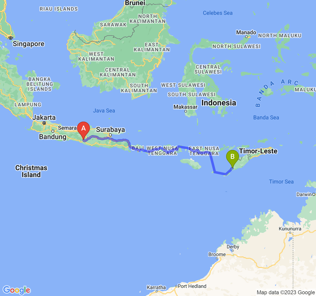 rute perjalanan Kab. Sleman-Kota Kupang