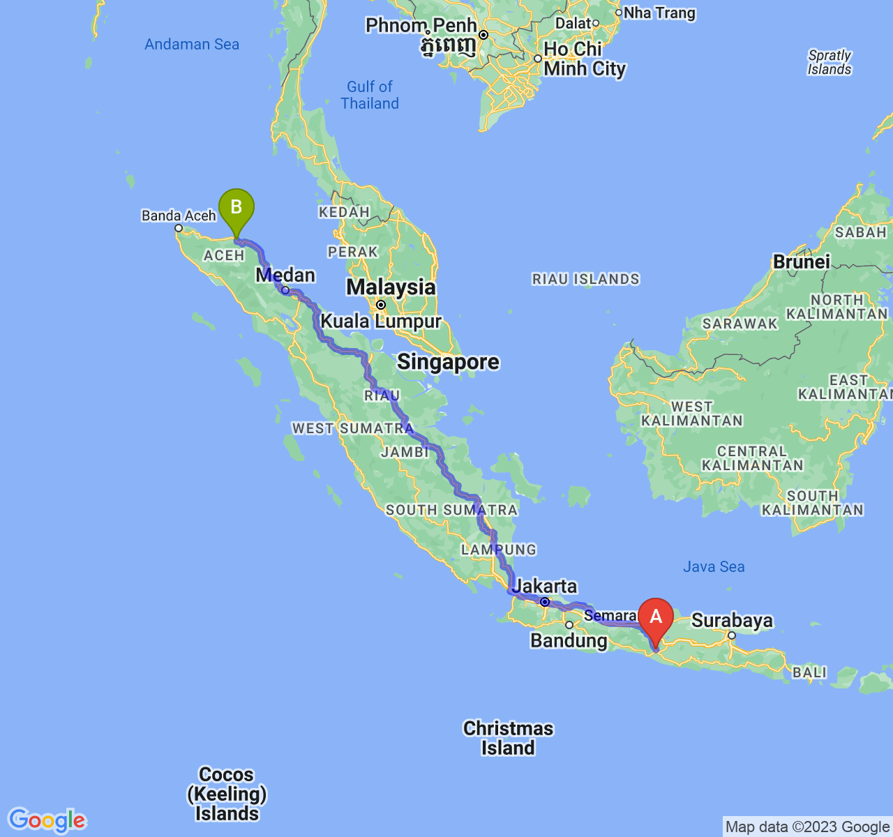 rute perjalanan Kab. Sleman-Kota Lhokseumawe