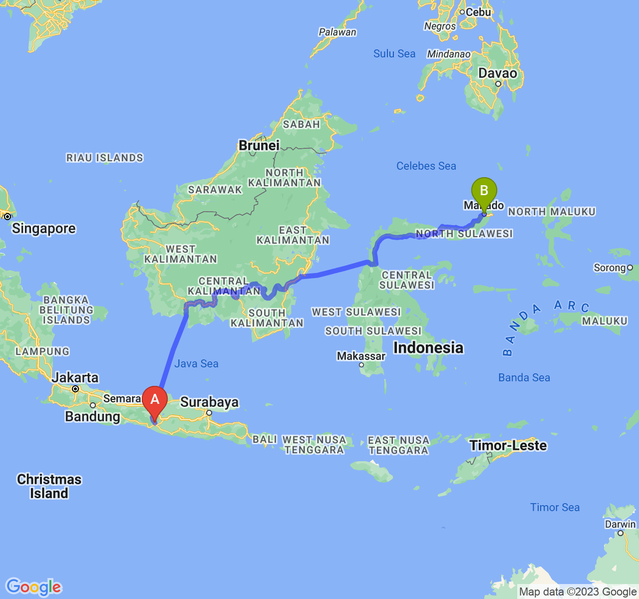 rute perjalanan Kab. Sleman-Kota Manado