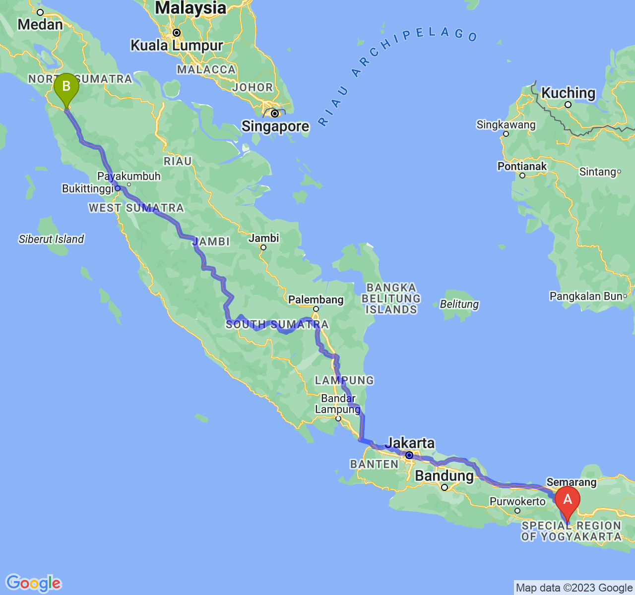 rute perjalanan Kab. Sleman-Kota Padang Sidimpuan