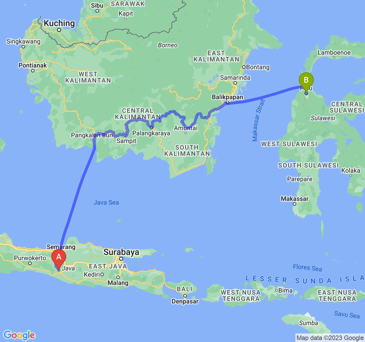 rute perjalanan Kab. Sleman-Kota Palu