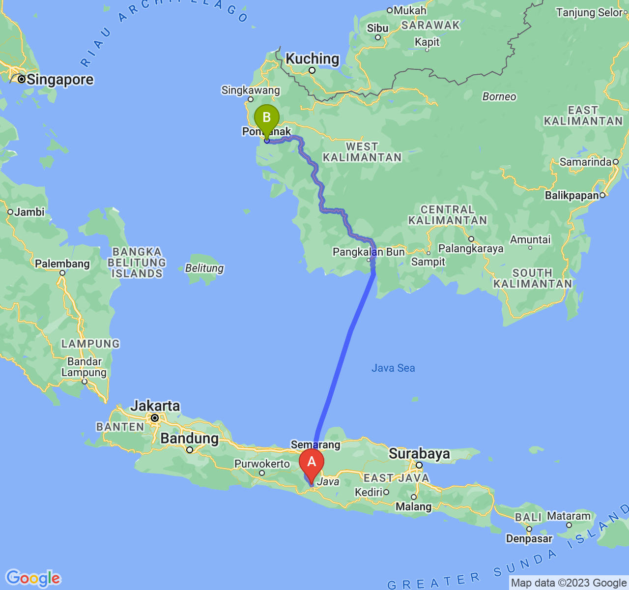 rute perjalanan Kab. Sleman-Kota Pontianak