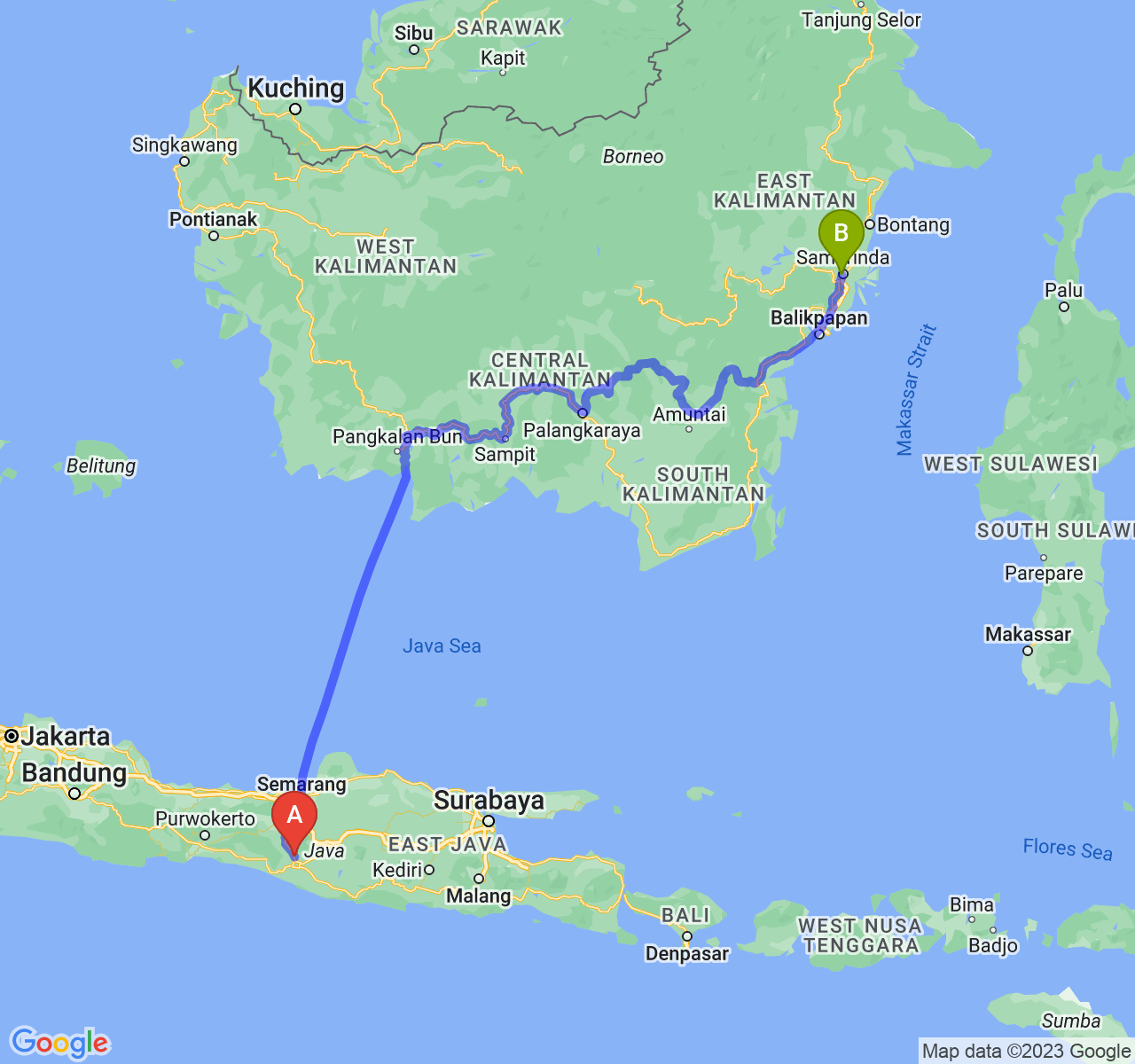 rute perjalanan Kab. Sleman-Kota Samarinda