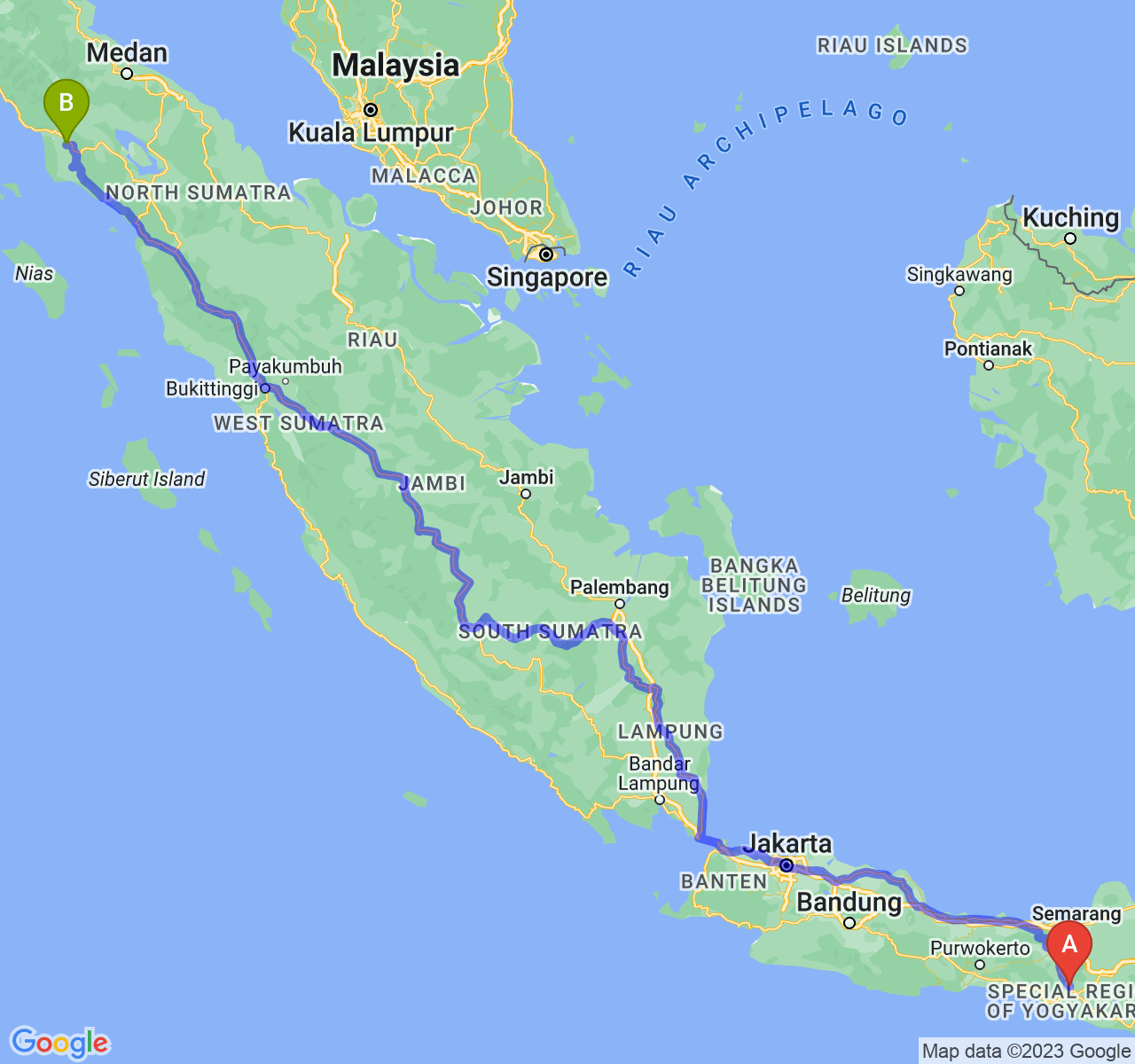 rute perjalanan Kab. Sleman-Kota Subulussalam