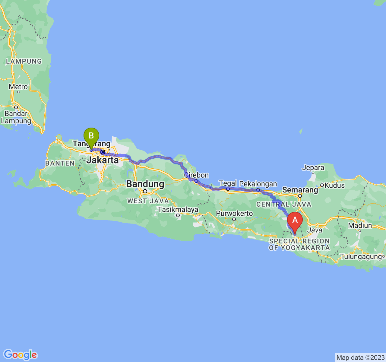 rute perjalanan Kab. Sleman-Kota Tangerang