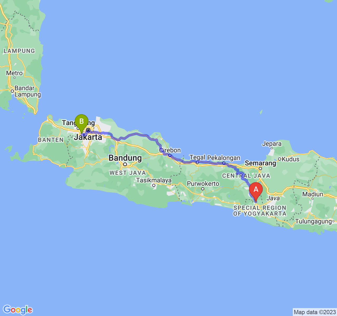 rute perjalanan Kab. Sleman-Kota Tangerang Selatan