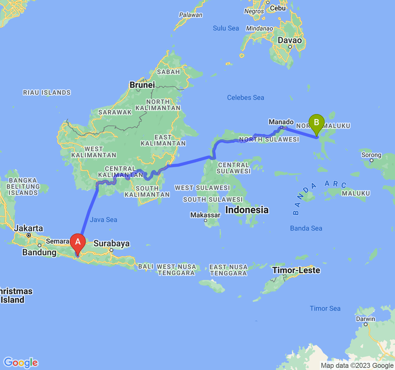 rute perjalanan Kab. Sleman-Kota Ternate