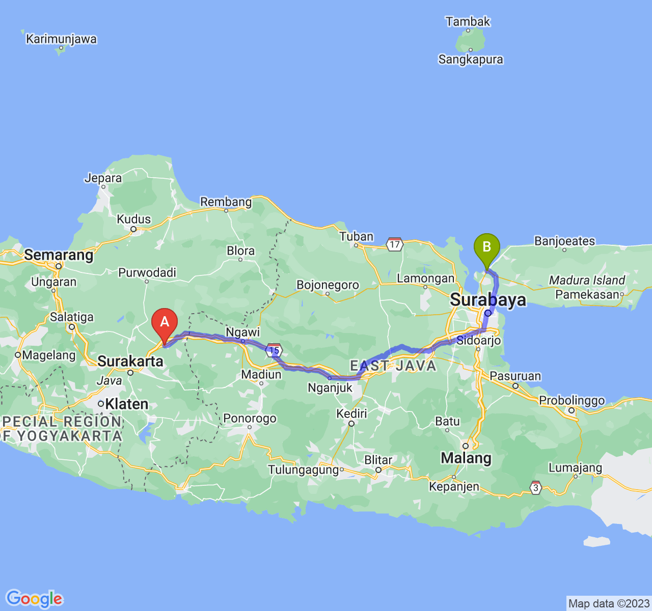 rute perjalanan Kab. Sragen-Kab. Bangkalan