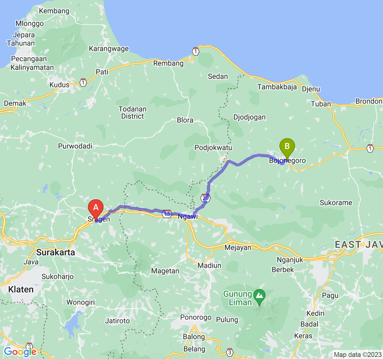 rute perjalanan Kab. Sragen-Kab. Bojonegoro