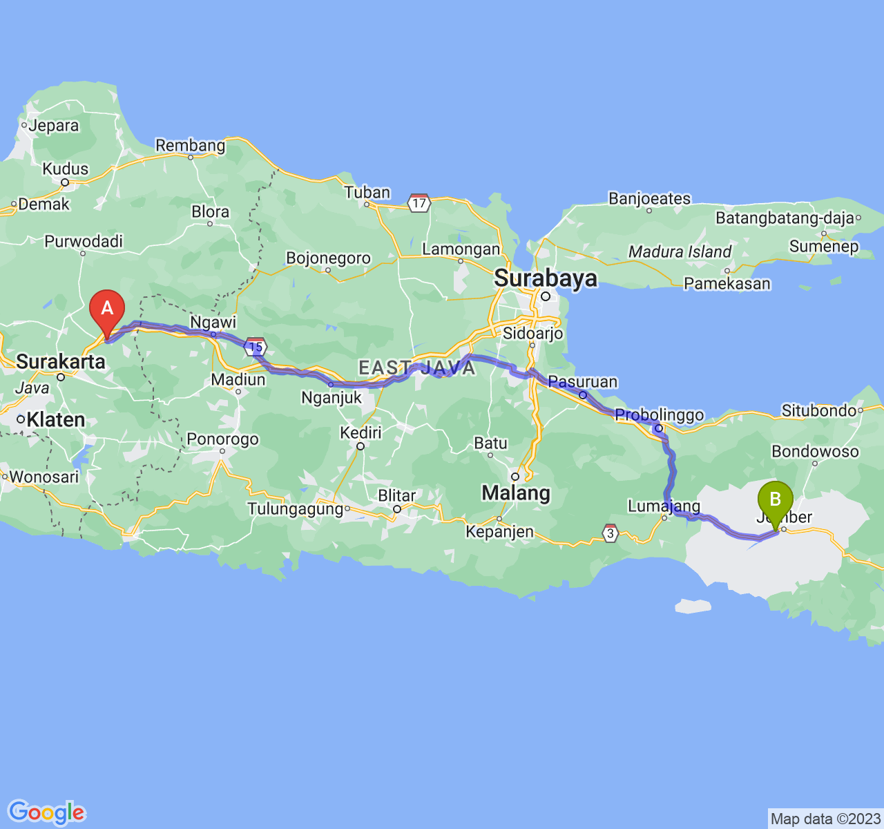 rute perjalanan Kab. Sragen-Kab. Jember