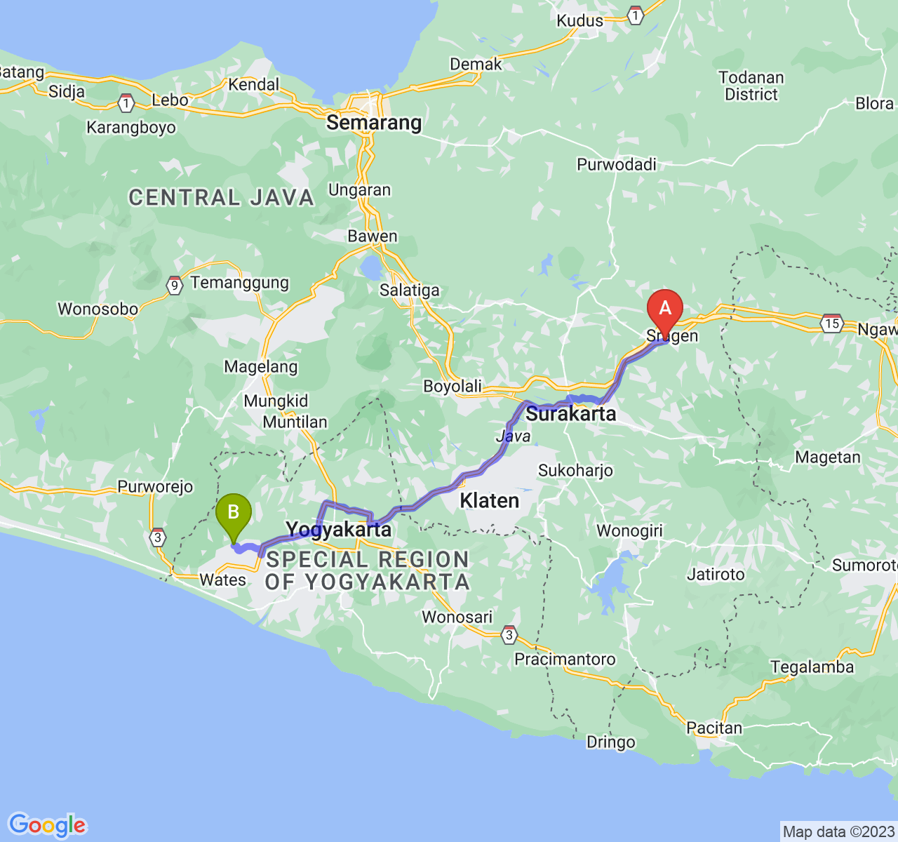 rute perjalanan Kab. Sragen-Kab. Kulon Progo