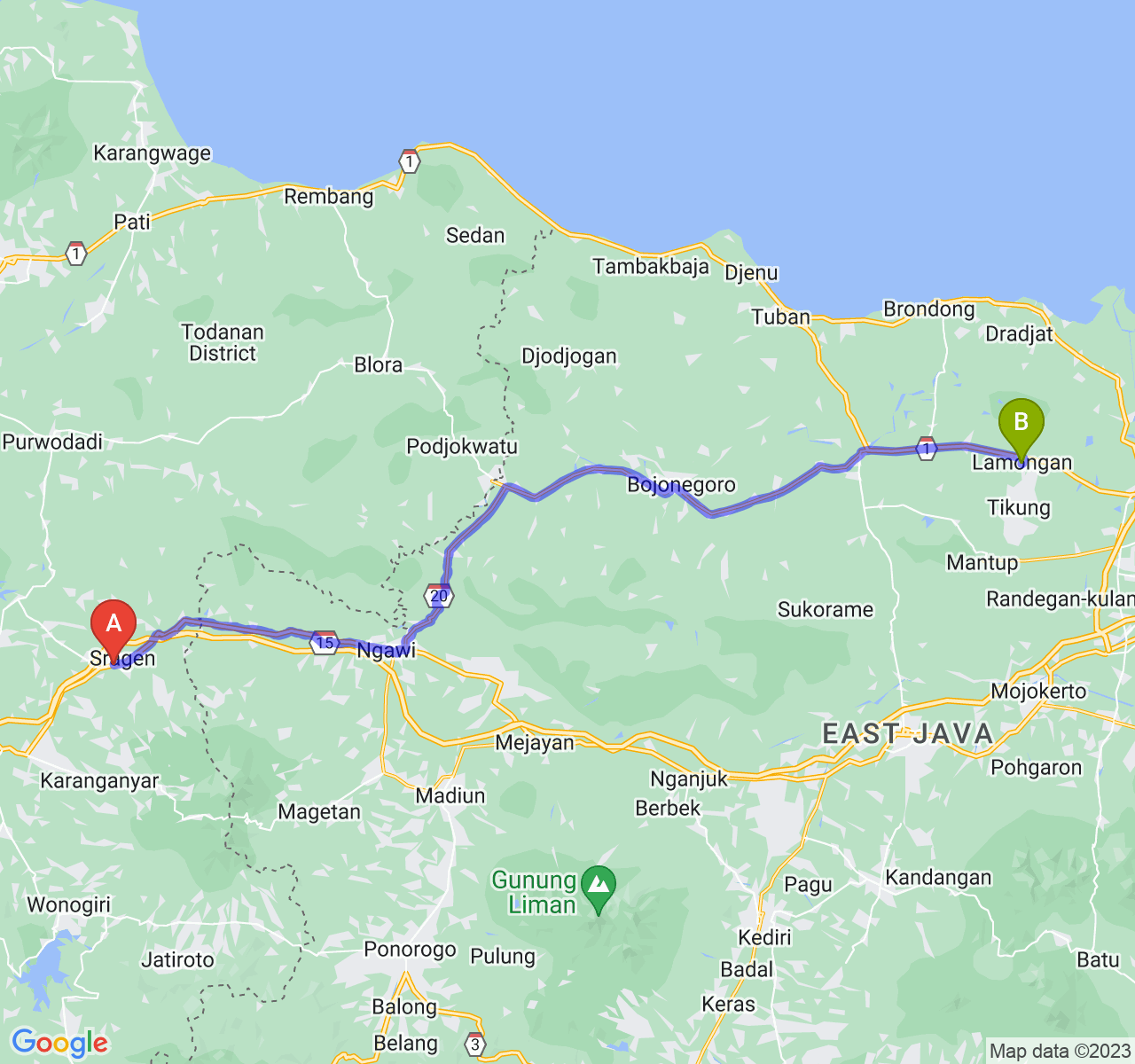 rute perjalanan Kab. Sragen-Kab. Lamongan