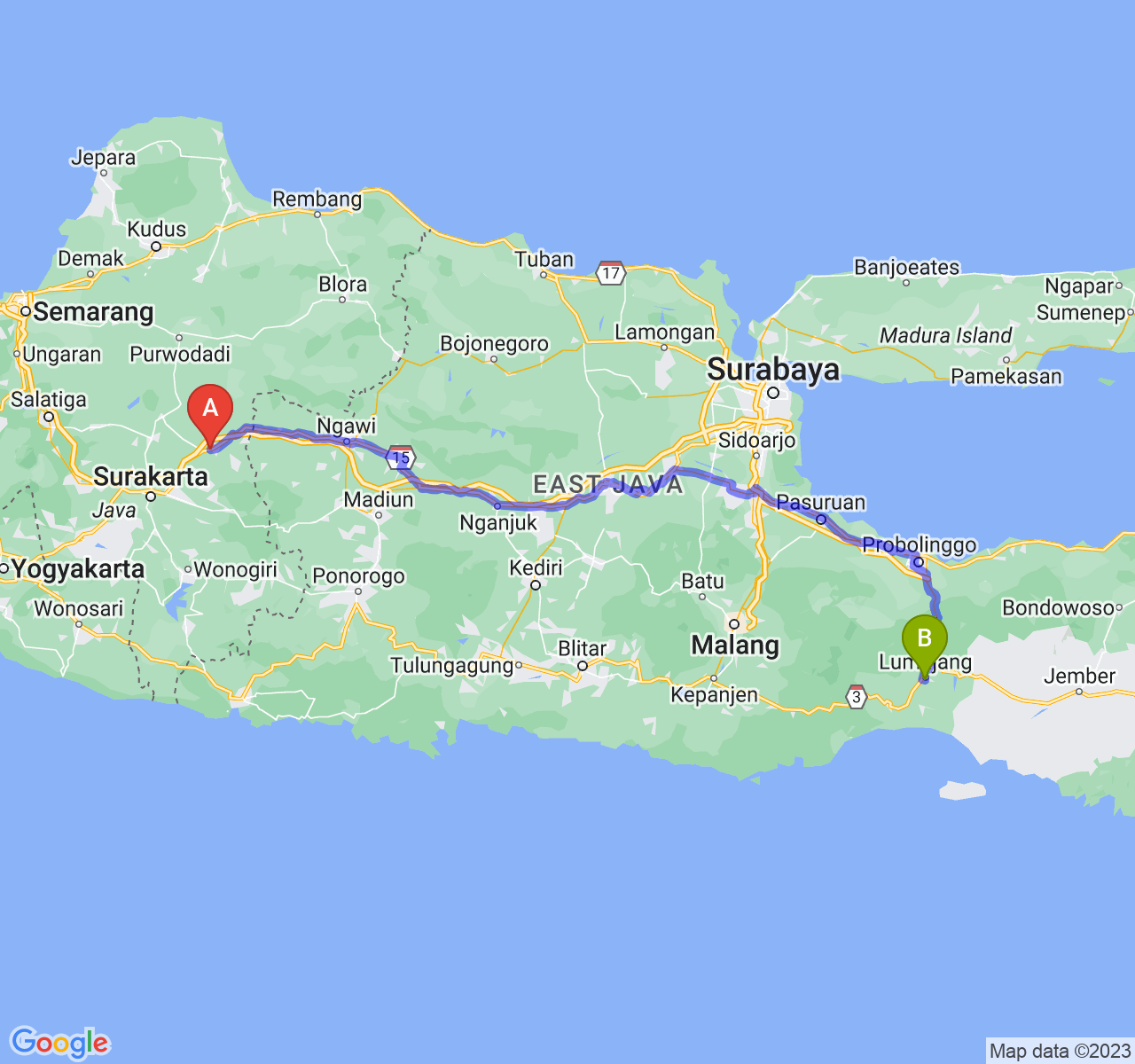 rute perjalanan Kab. Sragen-Kab. Lumajang