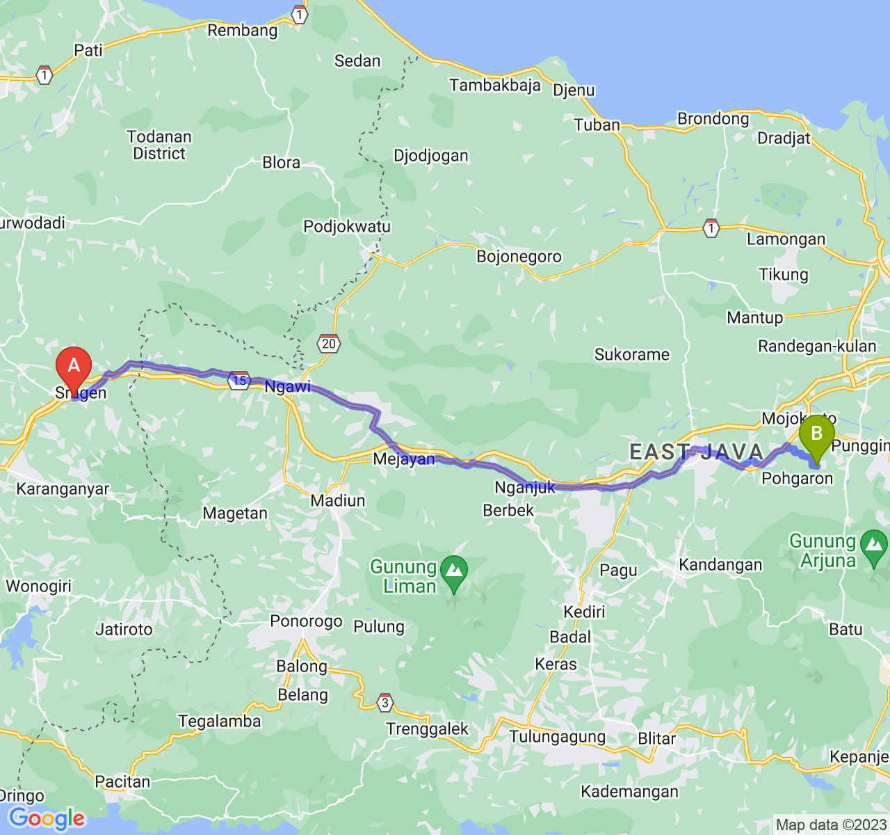 rute perjalanan Kab. Sragen-Kab. Mojokerto