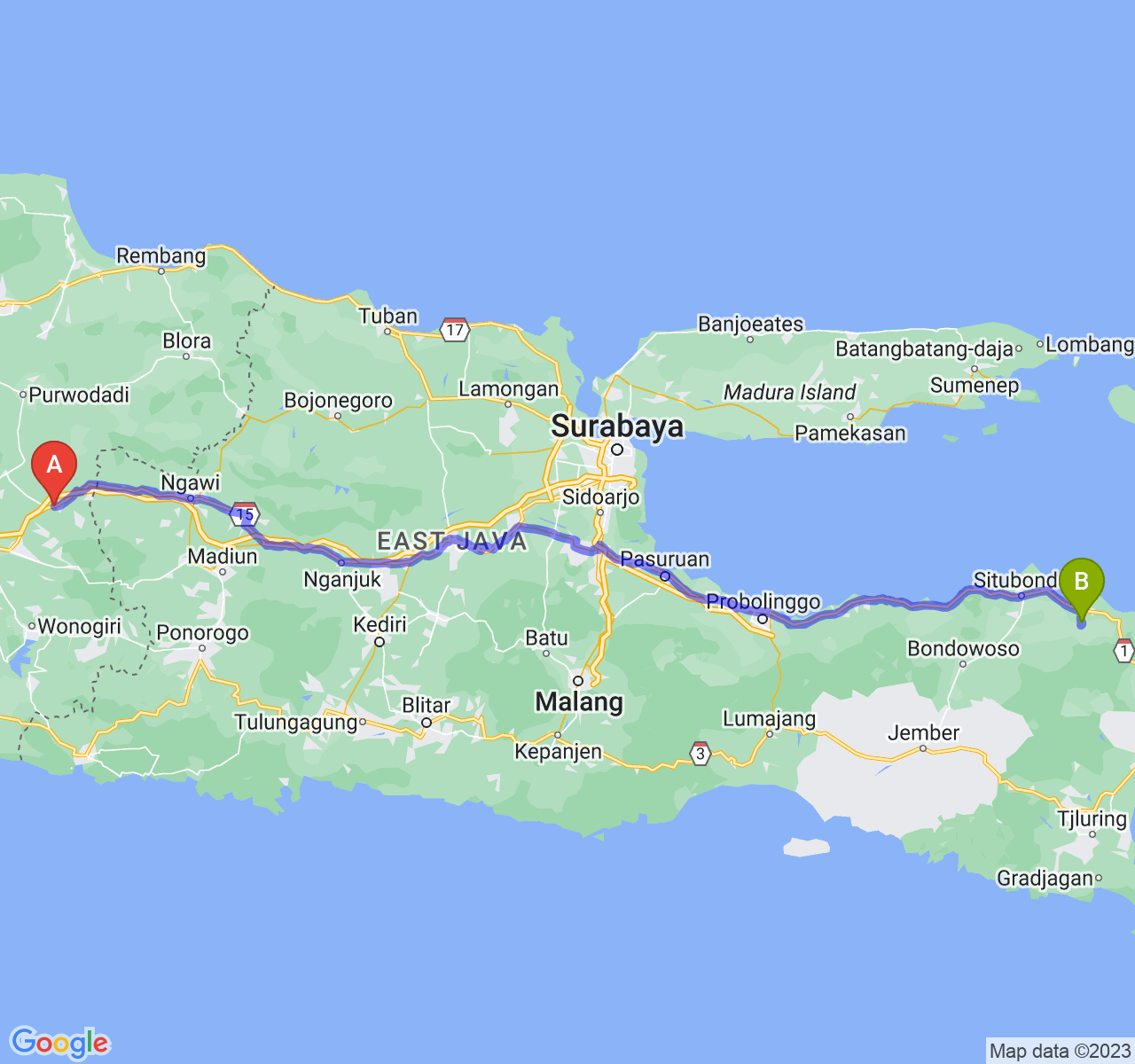 rute perjalanan Kab. Sragen-Kab. Situbondo