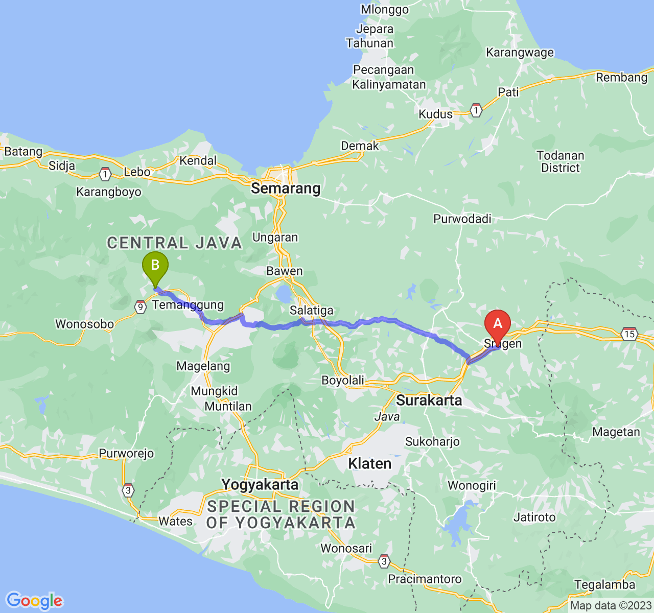 rute perjalanan Kab. Sragen-Kab. Temanggung