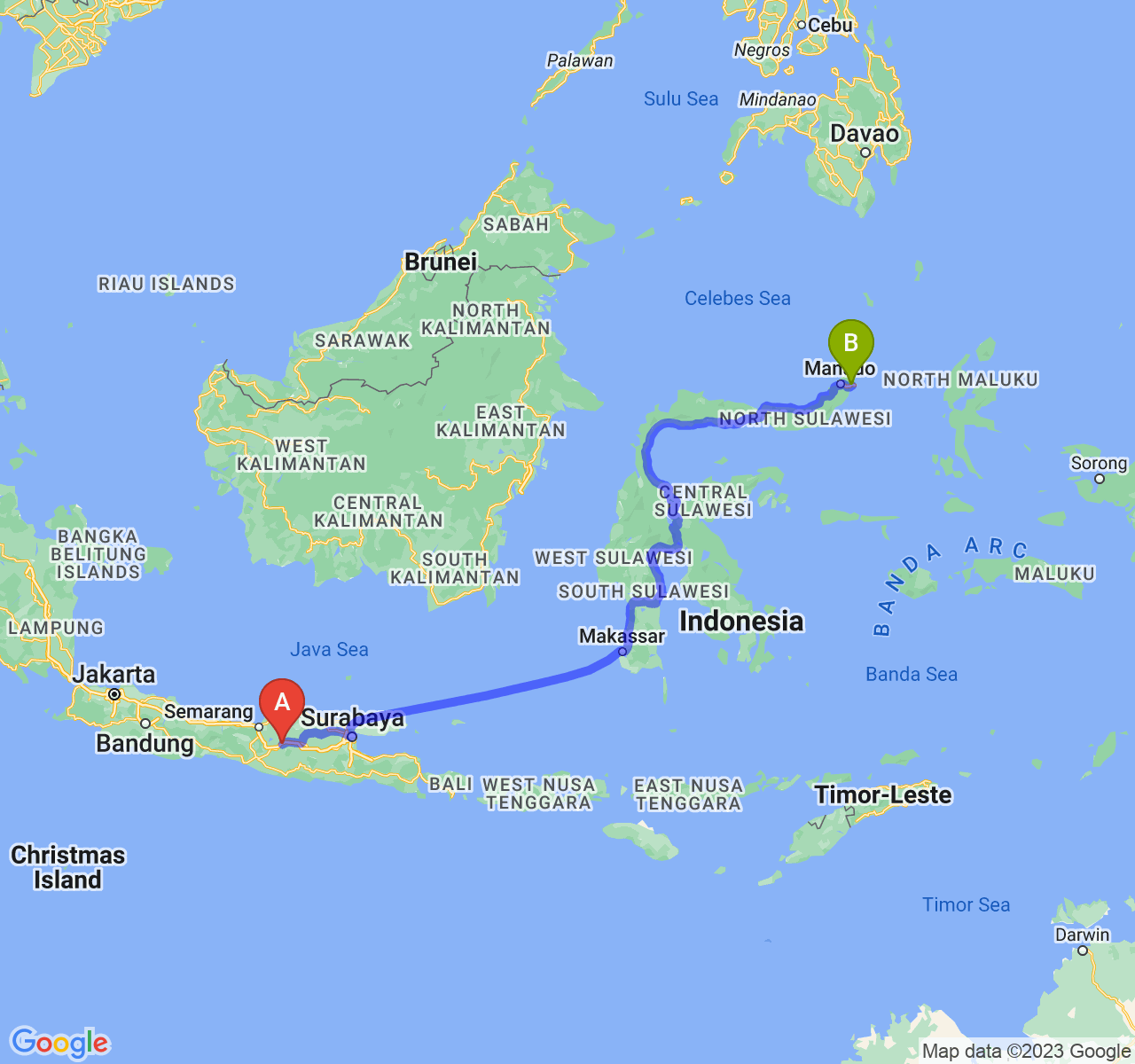 rute perjalanan Kab. Sragen-Kota Bitung