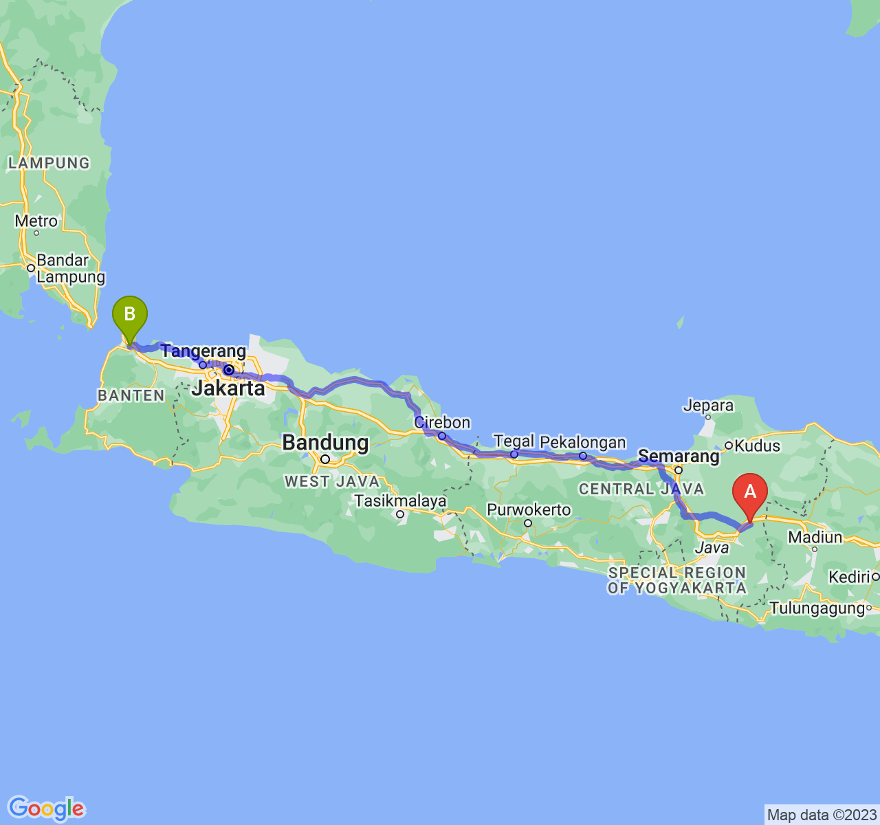 rute perjalanan Kab. Sragen-Kota Cilegon