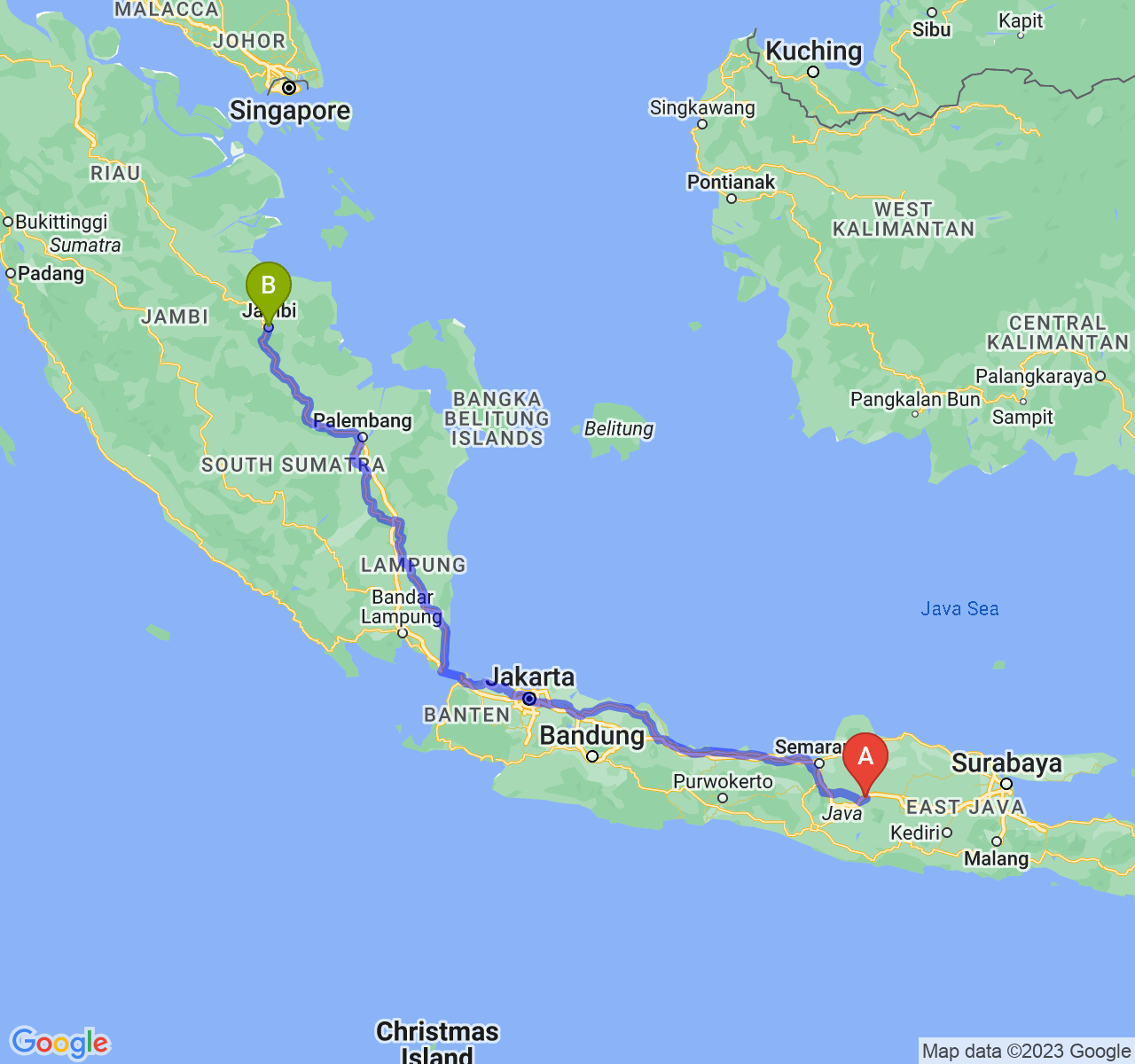 rute perjalanan Kab. Sragen-Kota Jambi