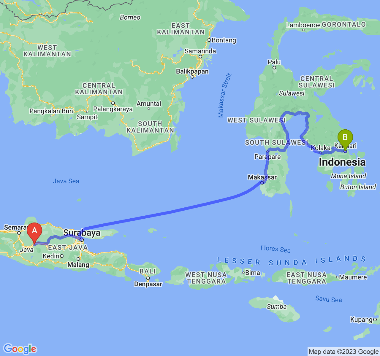 rute perjalanan Kab. Sragen-Kota Kendari