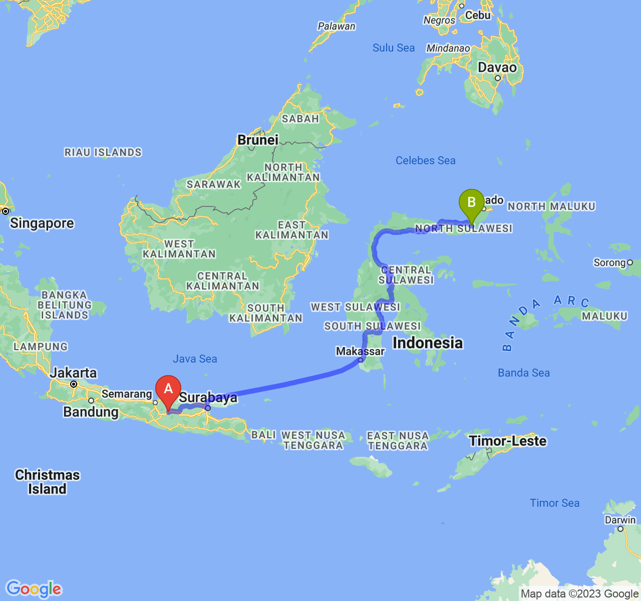 rute perjalanan Kab. Sragen-Kota Kotamobagu