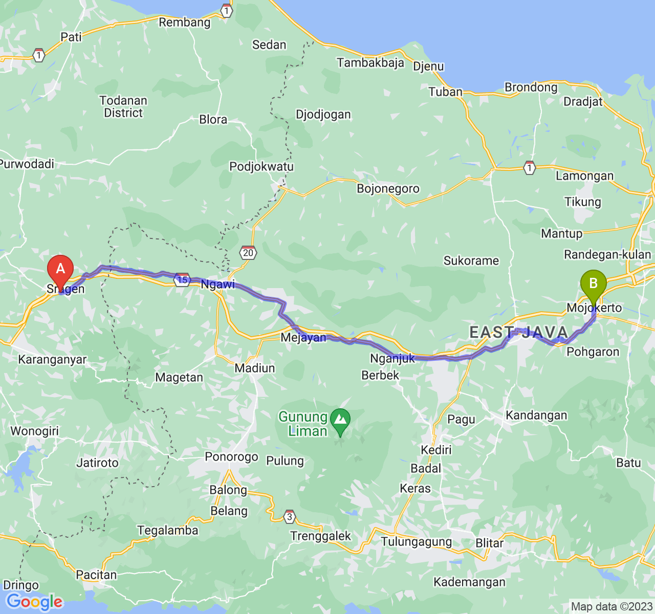 rute perjalanan Kab. Sragen-Kota Mojokerto