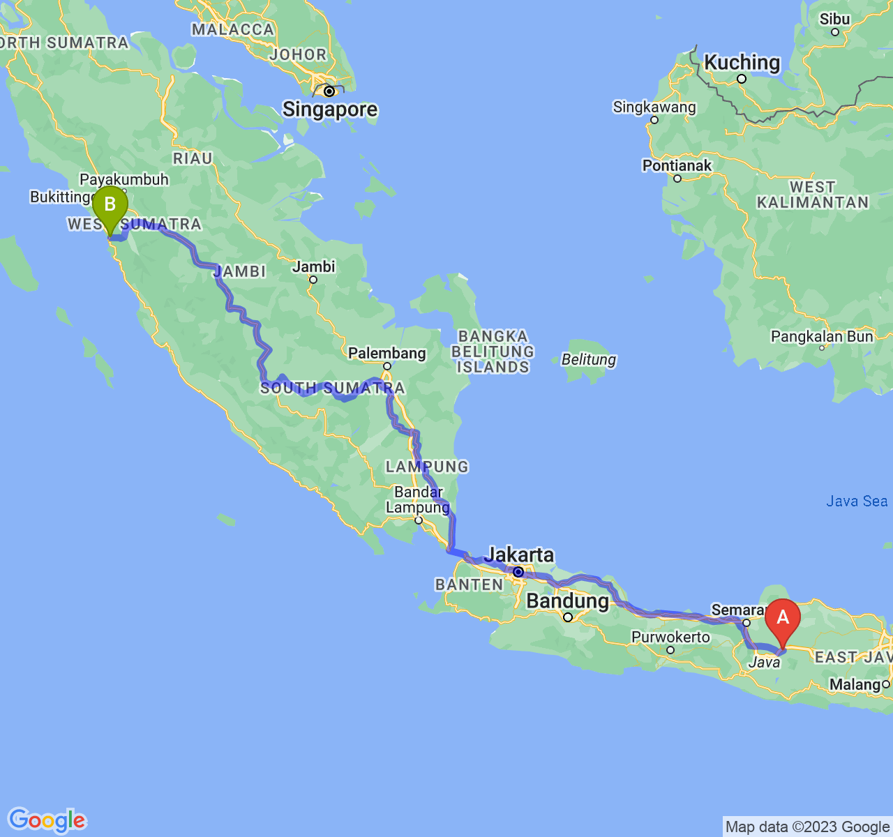 rute perjalanan Kab. Sragen-Kota Padang