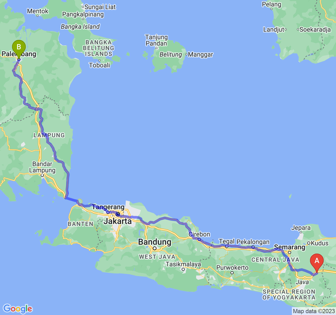 rute perjalanan Kab. Sragen-Kota Palembang