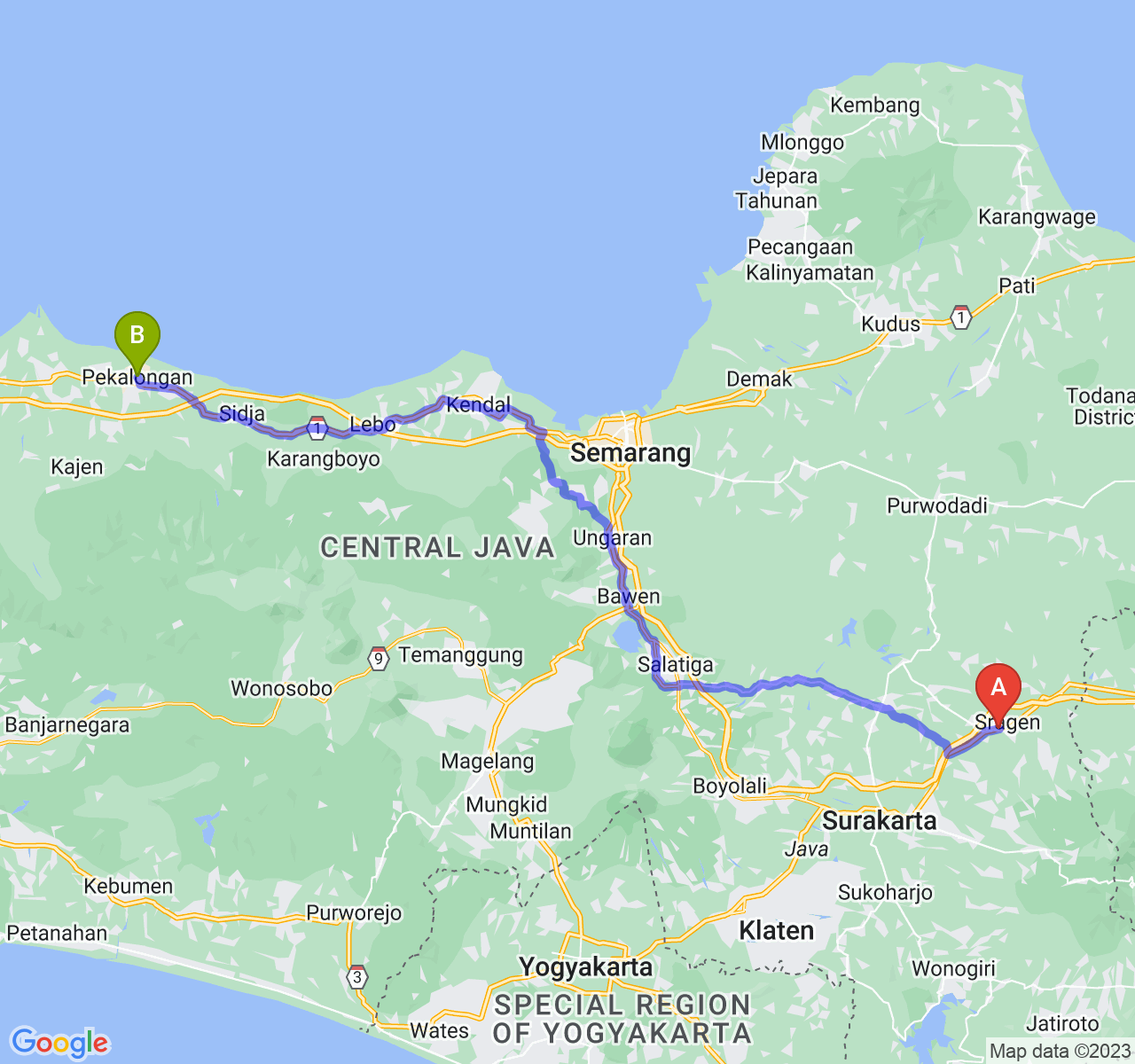 rute perjalanan Kab. Sragen-Kota Pekalongan