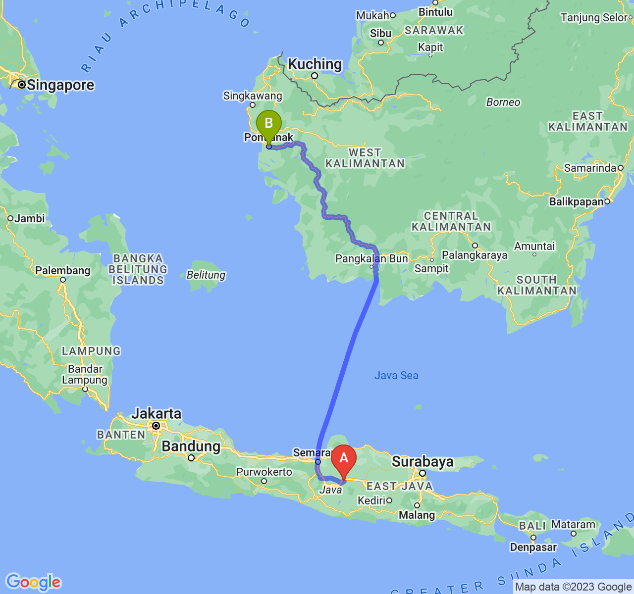 rute perjalanan Kab. Sragen-Kota Pontianak