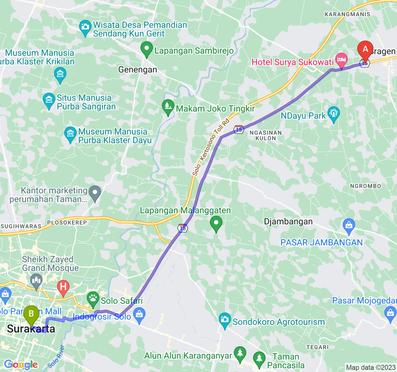 rute perjalanan Kab. Sragen-Kota Surakarta